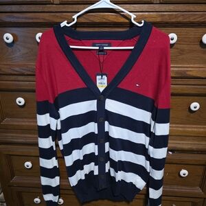 Tommy Hilfiger Red and Navy Striped Cardigan